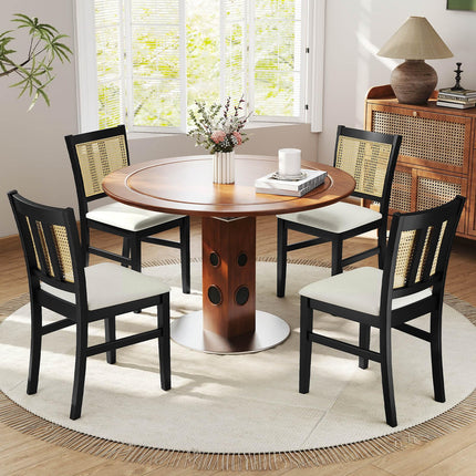Dreamade Rattan Dining Chairs Set of 2/4 Farmhouse Fabric Upholstered Kitchen Chairs with Rubber Wood Legs