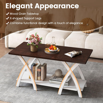 40 Inch Farmhouse Wooden 2-Tier Coffee Table with Storage Shelf for Living Room