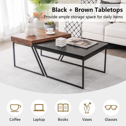 Dreamade Stacking Coffee Table Set of 2, Black & Brown Modern Side Table