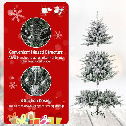 Dreamade 6ft Pre-Lit Snow Flocked Christmas Tree, Artificial Hinged Full Xmas Tree with 260 Multicolored LED Lights