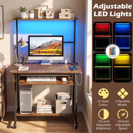 Dreamade 31.5" Small Computer Desk with Charging Station & LED Lights