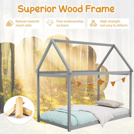 Dreamade Twin House Bed, Wood Montessori Bed Frame with House Roof Canopy