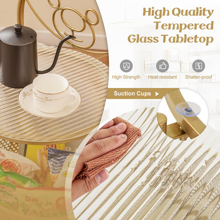 Dreamade Mobile Glass Coffee Table, 2-Tier Round End Table with Bear Pattern, Storage Basket, Metal Frame