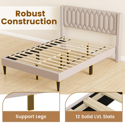 Dreamade Queen Size Dutch Velvet/Linen Fabric Upholstered Platform Bed with Wingback Headboard and Wooden Slat Support
