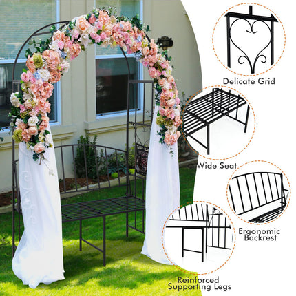 Dreamade 81in Metal Garden Arch with Bench, Outdoor Garden Arbor Archway Trellis for Climbing Plants Vines