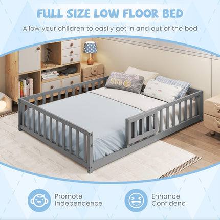 Dreamade Full Size Floor Bed for Kids, Montessori Floor Bed with Wood Slats & Safety Guardrails