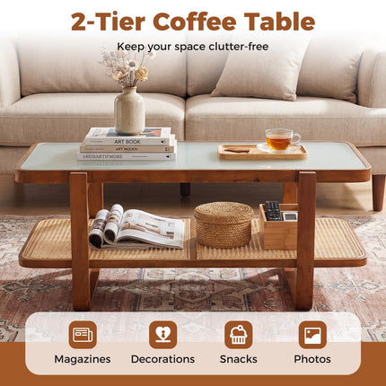 Dreamade Rattan Coffee Table | 41.5" Farmhouse Center Table with Storage & Frosted Tempered Glass