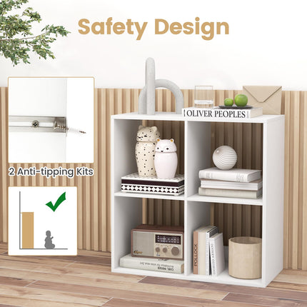 Dreamade 4-Cube Bookcase, White Cubby Bookshelf w/Back Guardrail & Anti-Tipping Kits