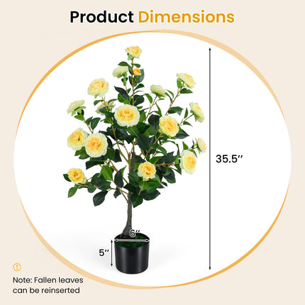 Dreamade 35.5" Artificial Camellia Tree Faux Floral Plant Blooming Tree in Cement Pot