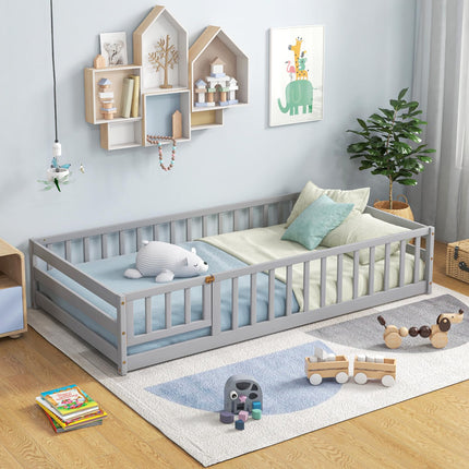 Dreamade Twin Floor Bed with Door & Fence, Kids Wood Montessori Bed with Safety Guardrails