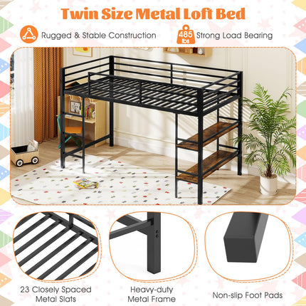Dreamade Low Loft Bed Twin Size Heavy Duty Metal Frame w/Storage Shelves