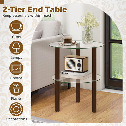 Dreamade Round/Square 2-Tier Sofa Side Table with Clear Tempered Glass Top & Shelf (1/2)