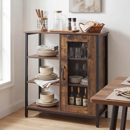 Dreamade Industrial Side Cabinet with Metal Mesh Door and 3 Open Shelves