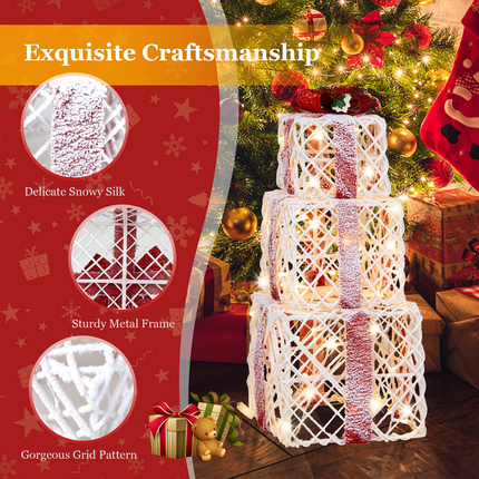 Lighted Gift Boxes Christmas Decoration, Set of 3 White Present Ornament Boxes with 60 LED Lights - DreamadeUS