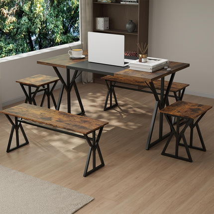 Dreamade 55" Kitchen Table with 2 Benches & 2 Stools with X-Shaped Metal Frame