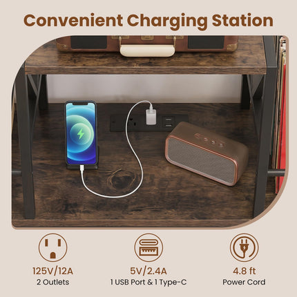 Dreamade Large Record Player Stand with Charging Station & Dividers for Albums