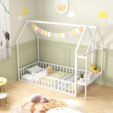 Dreamade Twin House Floor Bed, Solid Wood Montessori Floor Bed with Detachable Storage Shelf & Clothes Hanger