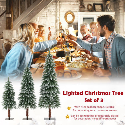 Dreamade 3' 4' 5' Pre-Lit Artificial Christmas Tree Set, Slim Pencil Xmas Trees with Snowy Leaves