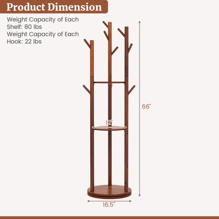 Dreamade Coat Rack Freestanding, Wooden Rotary Coat Tree w/ 3 Display Storage Shelves & 9 Hooks