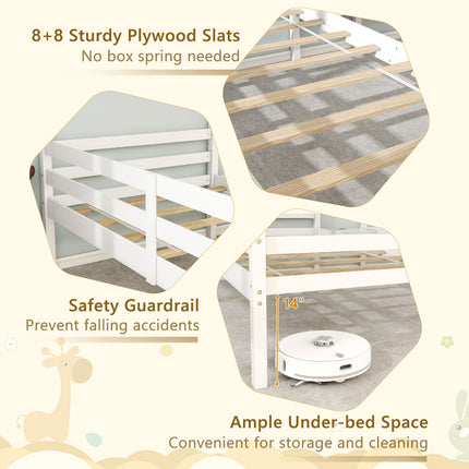 Dreamade Double Twin Bed Frames for Kids, Wood House Shaped Platform with Built-in Nightstand & USB Port