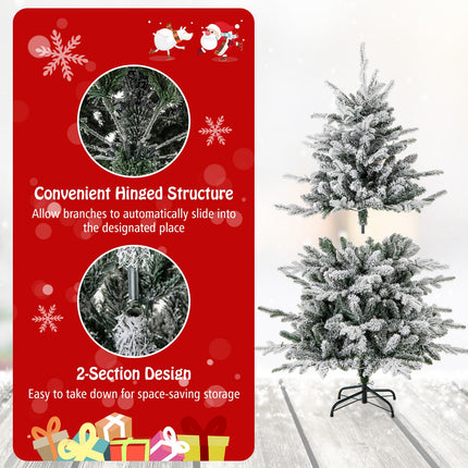 Dreamade 4.5ft Pre-Lit Snow Flocked Christmas Tree, Artificial Hinged Full Xmas Tree with 160 Multicolored LED Lights