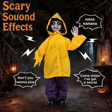 DREAMADE 30 Inch Halloween Little Yellow Raincoat Animatronic Prop Decor