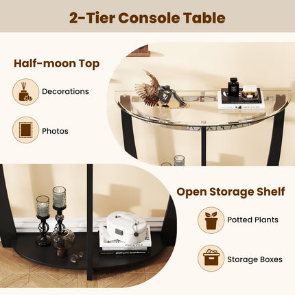 Dreamade 2-Tier Glass Console Table Half Moon Modern Entryway Table