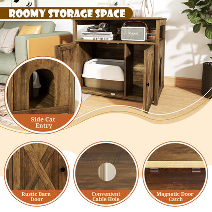 Dreamade Cat Litter Box Enclosure - Litter Box Hidden Furniture with Barn Door, Inner Divider, Side Entry, Storage Shelf
