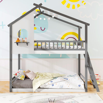 Dreamade Solid Wood Floor Bunk Bed with Ladder and Full-Length Guardrails
