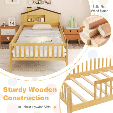 Dreamade Twin Bed Frames for Kids, Solid Wood Montessori Bed with House-Shaped Headboard & Built-in Storage Shelf