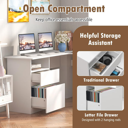 Dreamade L Shaped Computer Desk with Drawers, 59" Corner Desk Workstation with Storage Shelf & Cable Holes
