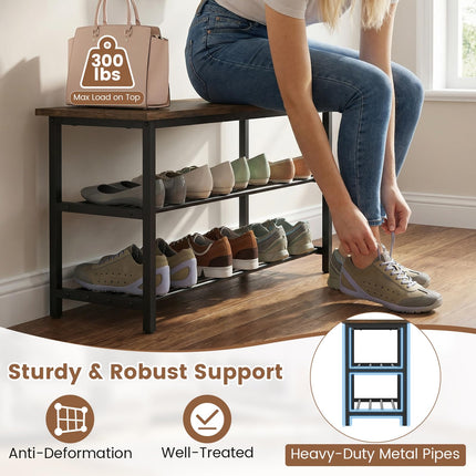 Dreamade 3-Tier Shoe Bench 32" L Shoe Organizer Storage Bench with Metal Slat Shelves & Seat