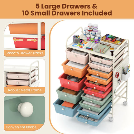 Dreamade 15 Drawer Storage Cart | Rolling Craft Cart with Metal Tabletop & Pegboard