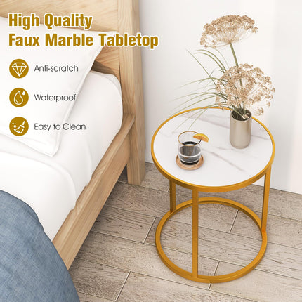 Dreamade Faux Marble Side Table, Round End Table with Golden Metal Frame and White Marble Top