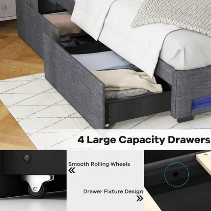 Dreamade Full Size Bed Frame with LED Lights & Charging Station, Upholstered Platform Bed with Wingback Headboard