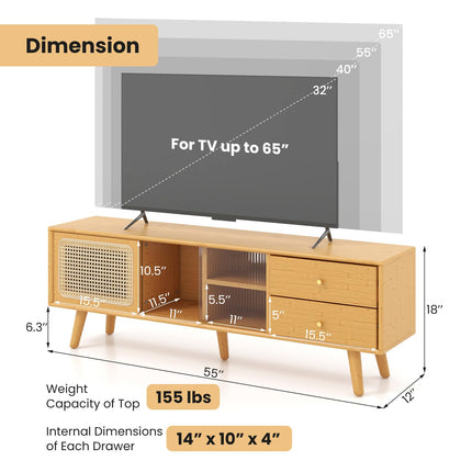 Dreamade Bamboo TV Stand for 55 60 65 Inch TV, PE Rattan Entertainment Center with Sliding Doors