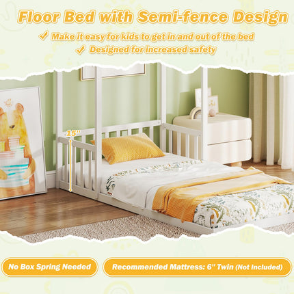 Dreamade Twin Size House Bed Montessori Floor Bed with House Shape Roof & Semi-Fence