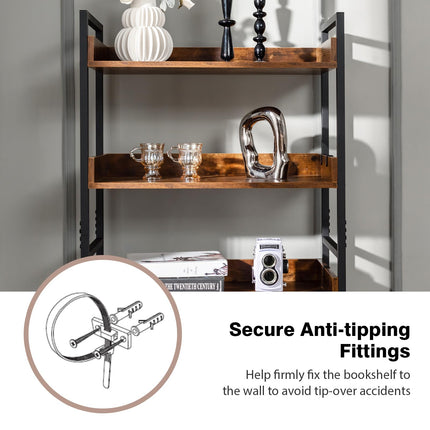 Dreamade Industrial 6-Tier Bookshelf, 70" Tall Freestanding Storage Display Shelf with 4 Hooks