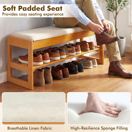 Dreamade Rubberwood Shoe Rack Bench with Linen Seat Cushion