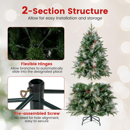 Dreamade 5FT / 6FT / 7FT Pre-Lit Artificial Christmas Tree with LED Lights Pine Cones Berries