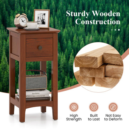 Dreamade Narrow End Table with Drawer 23.5" H Side Table w/Open Storage Shelf & Solid Wood Frame