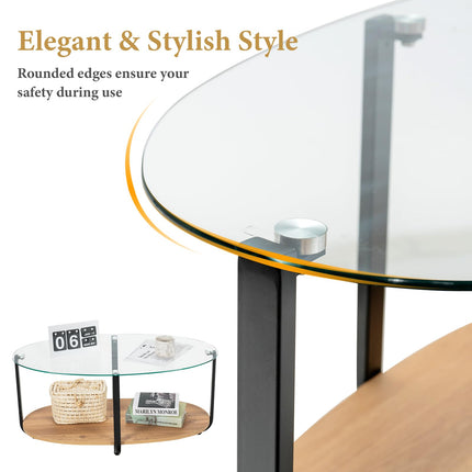 DREAMADE 2 Tier Glass Coffee Table, Oval Modern Home Furniture w/Open Storage Shelf & Sturdy Metal Legs