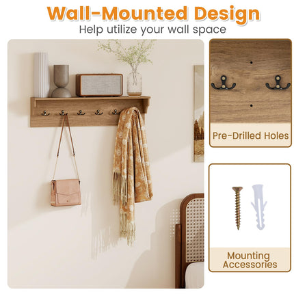 Dreamade Wall-Mounted Storage Shelf | 31.5" Wooden Hanging Coat Rack with 6 Hooks