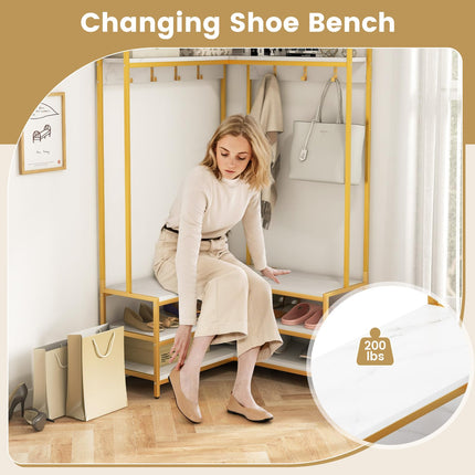 Dreamade Corner Coat Rack with Shoe Bench, L-shaped Garment Rack with 5 Shelves & 7 Hooks
