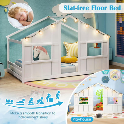 Dreamade Twin Kids House Bed with Light Bulbs Wooden Montessori Floor Bed Frame with Roof & Windows