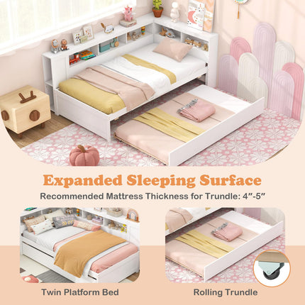 Dreamade Twin Daybed with Trundle, Wood Twin Bed Frames with Storage Headboard, Reversible Bookcase