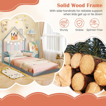 Dreamade Twin Floor Bed for Kids, Wood Montessori Floor Bed with Chimney Headboard & Handrail