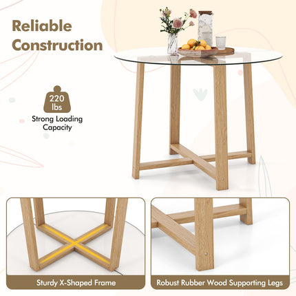 Dreamade 42” Round Dining Table for 4, Kitchen Table with 0.3” Tempered Glass Tabletop, Rubber Wood Legs