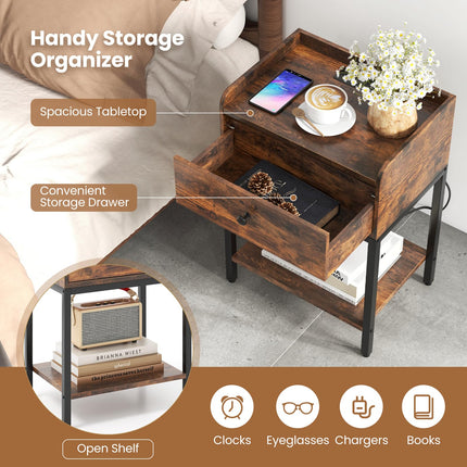 Dreamade Nightstand with Charging Station, Industrial Bedside Table with Storage Drawer & Open Shelf