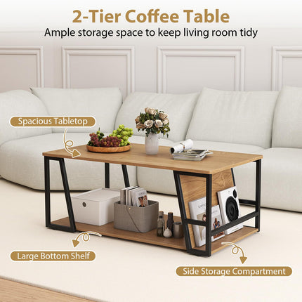 Dreamade Rectangle Coffee Table 2-tier Industrial Accent Table with Storage Shelf and Compartment